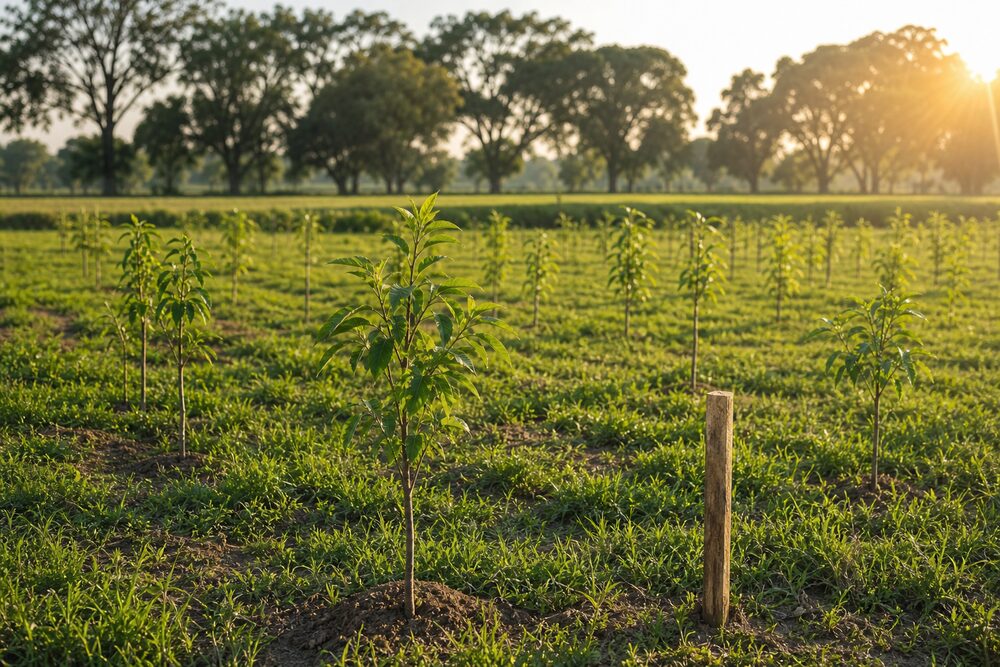 A clearly surveyed, clear-title farm plot with young trees